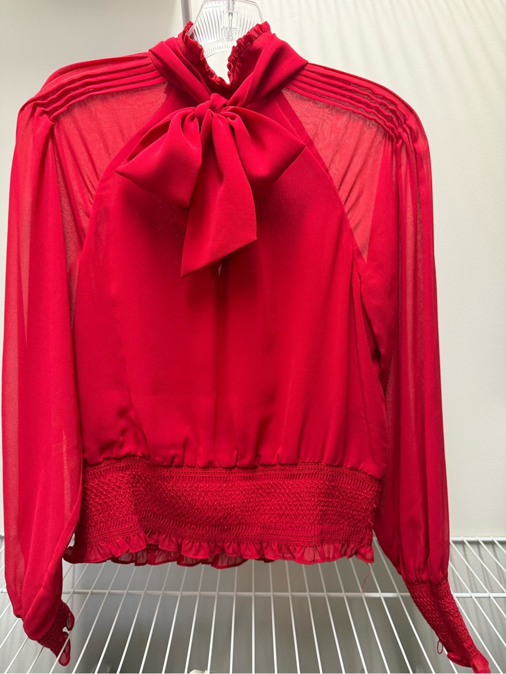 bebe Red Bow Tie Sheer Long Sleeve Blouse